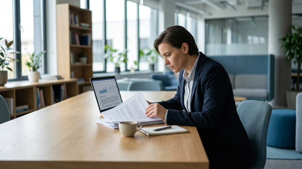 Une femme d'affaires en costume consulte des documents financiers dans un bureau moderne et lumineux.