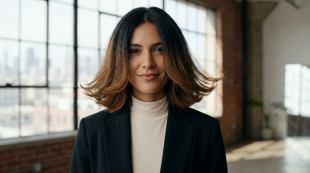 Femme souriante avec un carré dégradé aux pointes recourbées, style années 90, devant une grande fenêtre.