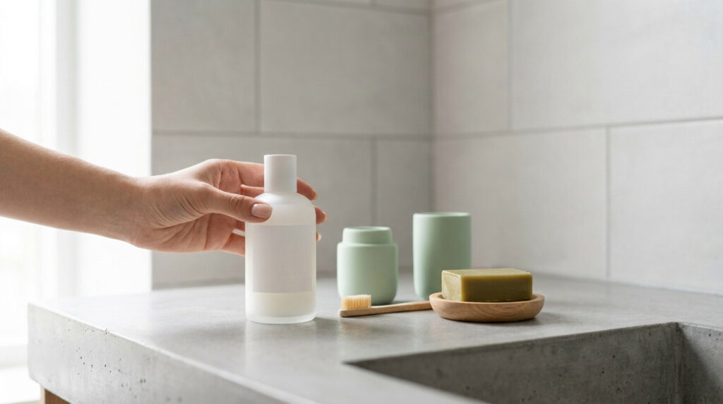 Une main saisit une bouteille rechargeable épurée sur un comptoir de salle de bain en béton avec des accessoires en bois.