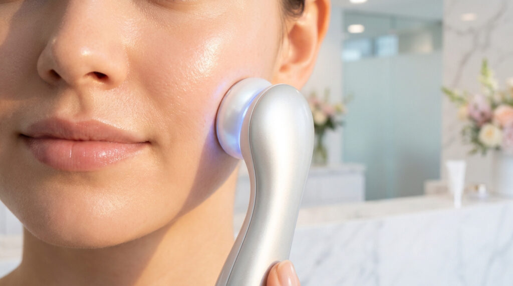 Gros plan sur une femme utilisant un appareil de soin du visage argenté avec une lumière bleue sur sa joue.