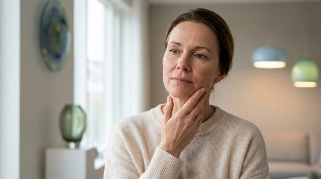 Une femme d'âge mûr pensive touche son visage, préoccupée par les résultats d'un soin esthétique.