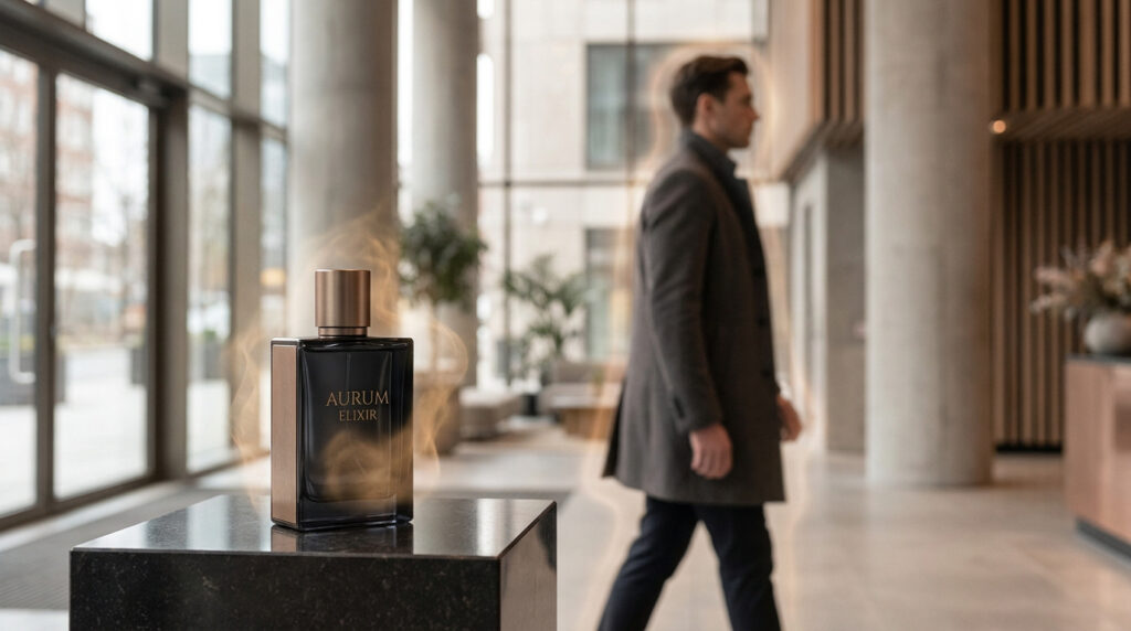 Flacon de parfum Aurum Elixir sur un socle noir avec une aura dorée entourant un homme en arrière-plan.