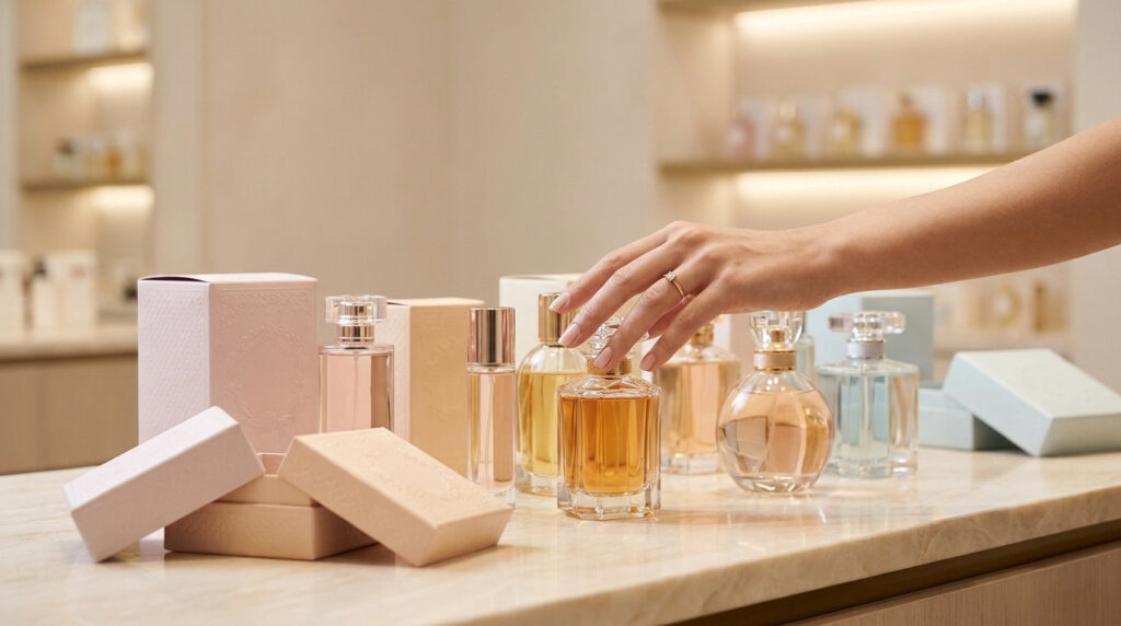 Main de femme choisissant un flacon de parfum sur un comptoir élégant entouré de boîtes et bouteilles de parfum.