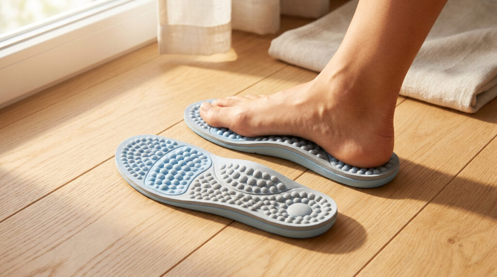 Pied posé sur une semelle d'acupression bleue avec des picots de massage sur un plancher en bois clair.