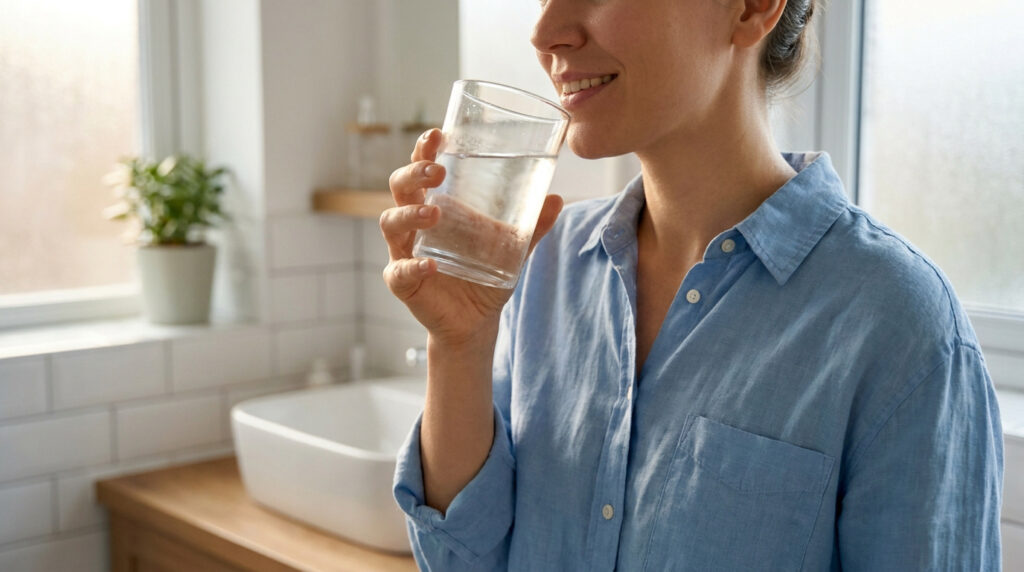 Une femme souriante tient un verre d'eau dans une salle de bain lumineuse avant un gargarisme.