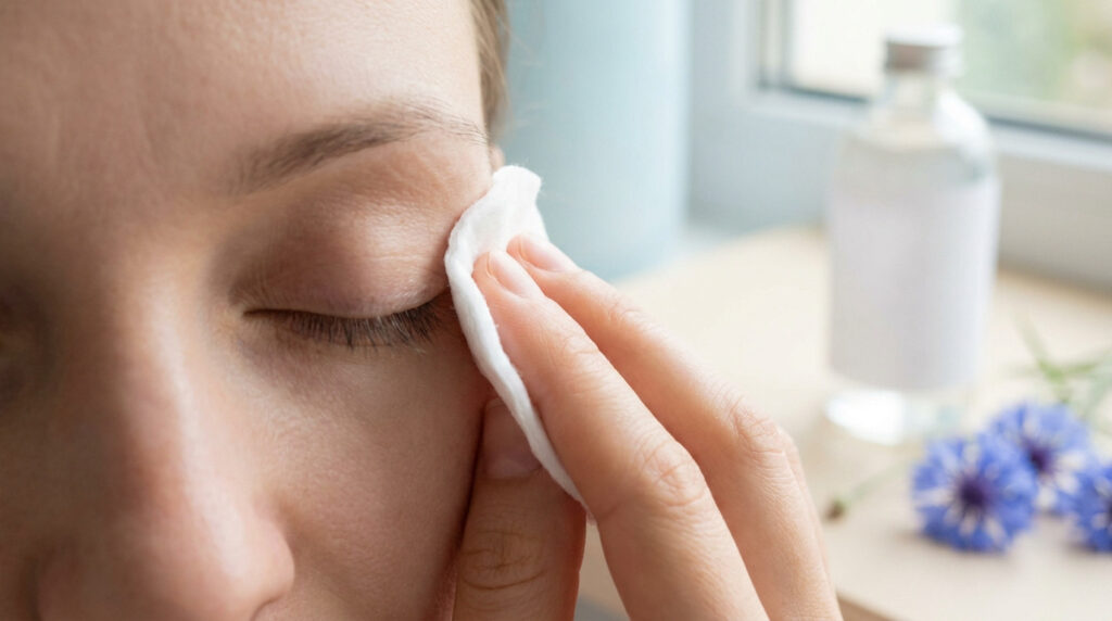Une femme utilisant un coton pour se démaquiller délicatement les yeux près d'une bouteille et de fleurs de bleuet.