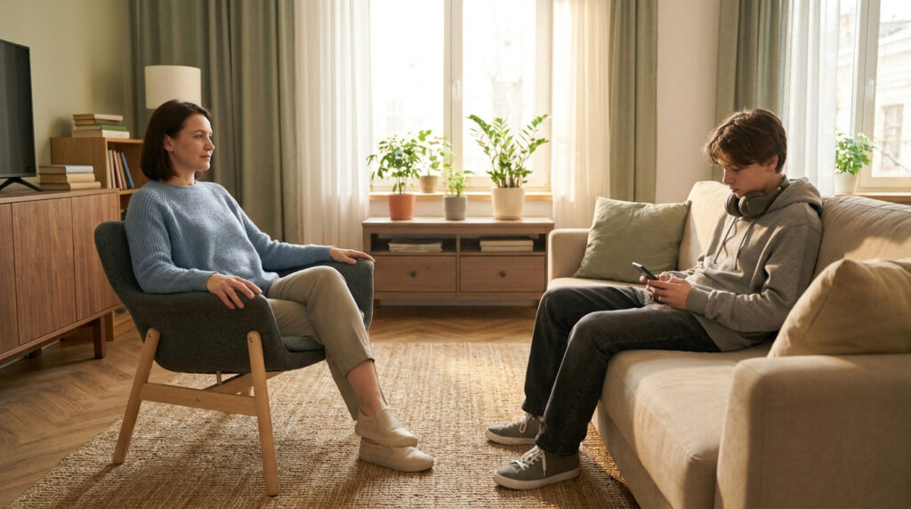 Une mère assise dans un fauteuil regarde son fils adolescent, distrait par son téléphone sur le canapé.