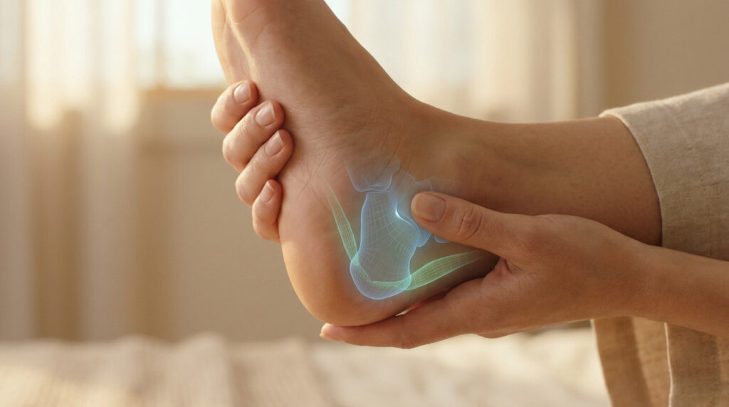 Une personne tenant son pied, avec une superposition numérique 3D montrant l'anatomie du talon et de l'os du calcanéum.