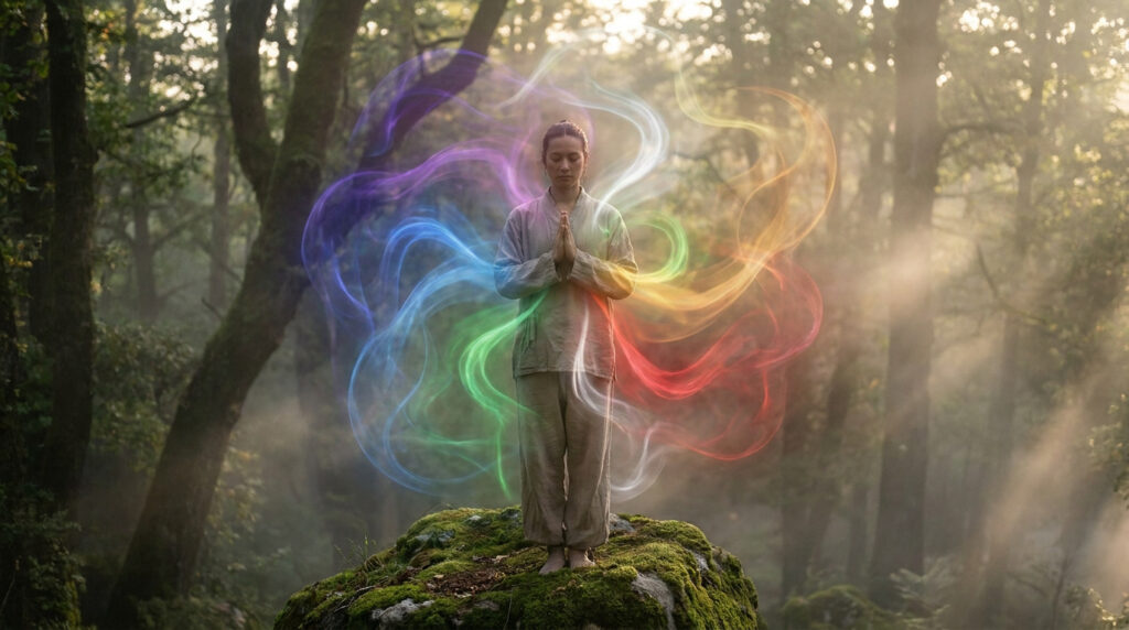 Personne méditant en forêt entourée d'une aura lumineuse et colorée en forme de spirale.