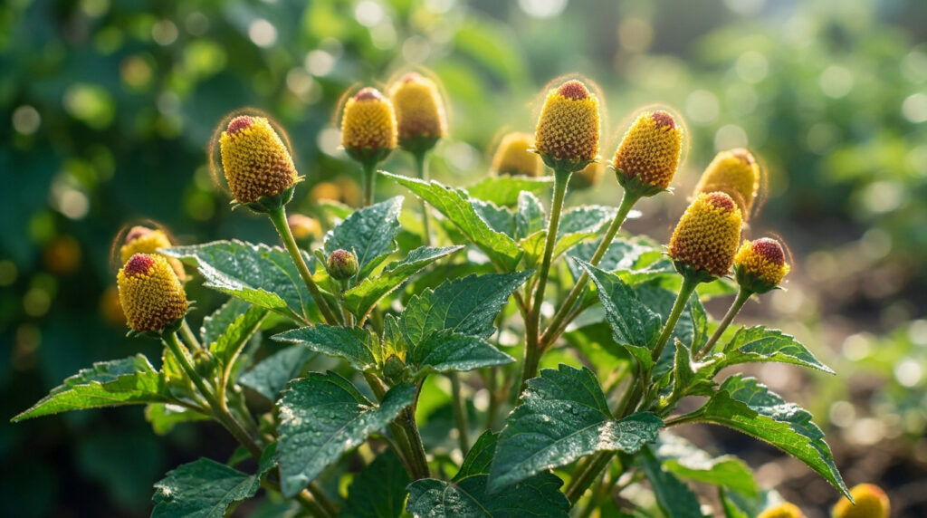 Fleurs jaunes et rouges de brèdes mafane sous une lumière douce avec des feuilles vertes couvertes de rosée.