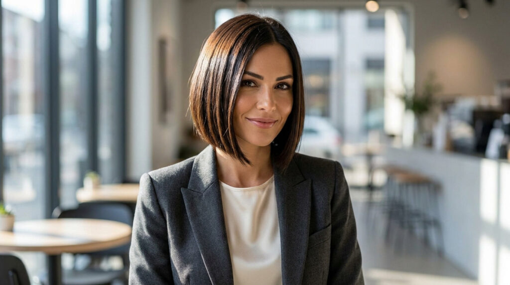Femme brune aux cheveux courts en carré plongeant, portant un blazer gris, souriant dans un café lumineux.