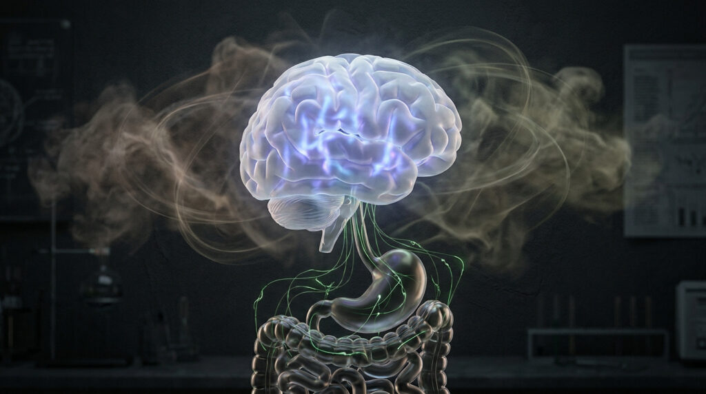 Représentation 3D d'un cerveau relié au système digestif par des voies nerveuses dans un laboratoire scientifique.