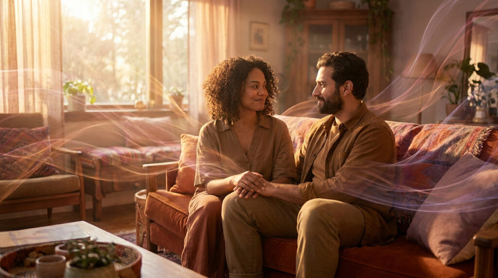 Un couple complice assis sur un canapé, entouré de traînées de lumière douce évoquant la connexion amoureuse.
