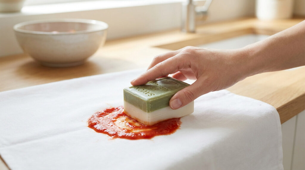 Une main frotte une tache de sauce tomate sur un tissu blanc avec un bloc de savon de Marseille dans une cuisine.