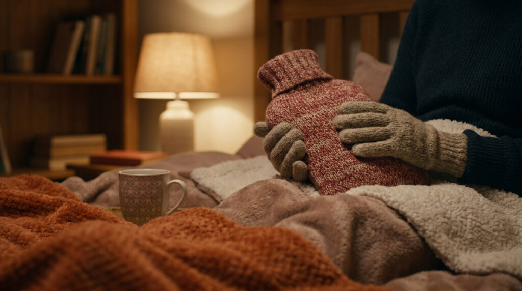 Une personne portant des gants tient une bouillotte rouge chaude sous une couverture douillette dans une chambre.