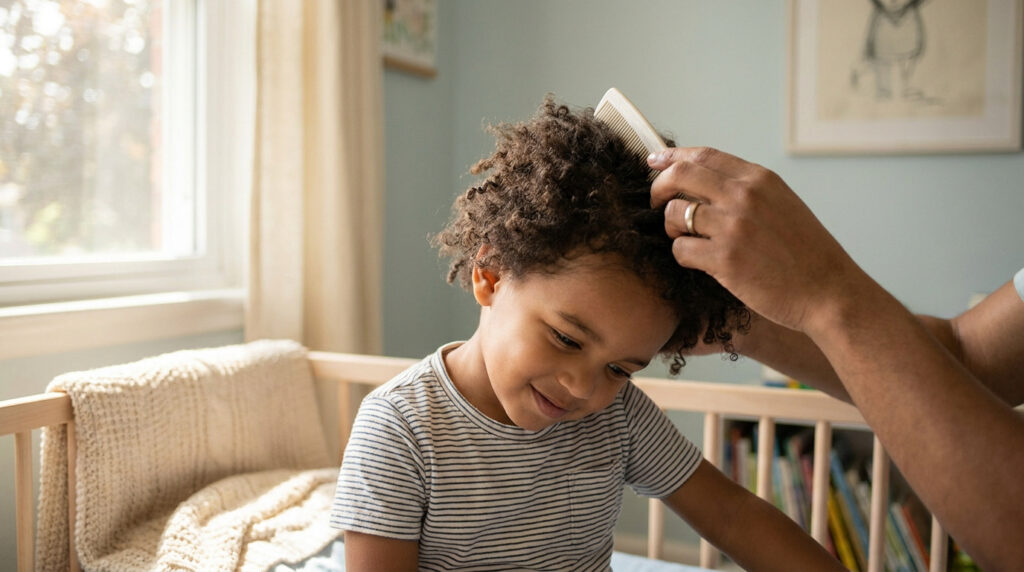 Un parent coiffe les cheveux bouclés d'un jeune enfant souriant avec un peigne fin.