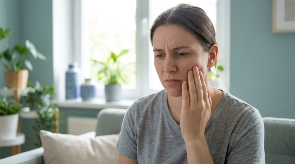 Une femme assise sur son canapé, touchant sa joue avec une expression de douleur due à une dent.
