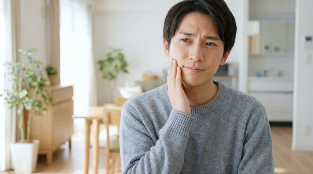 Un jeune homme portant un pull gris touche sa joue avec inquiétude, exprimant une douleur dentaire.