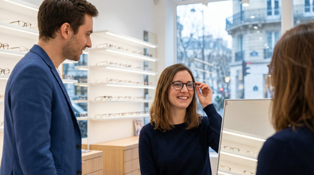 Une cliente essaye des lunettes devant un miroir sous le regard d'un opticien dans un magasin lumineux à Paris.