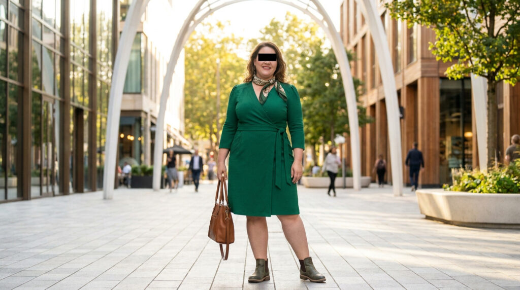 Une femme souriante en robe portefeuille verte, portant un sac en cuir, posant dans une rue moderne et lumineuse.