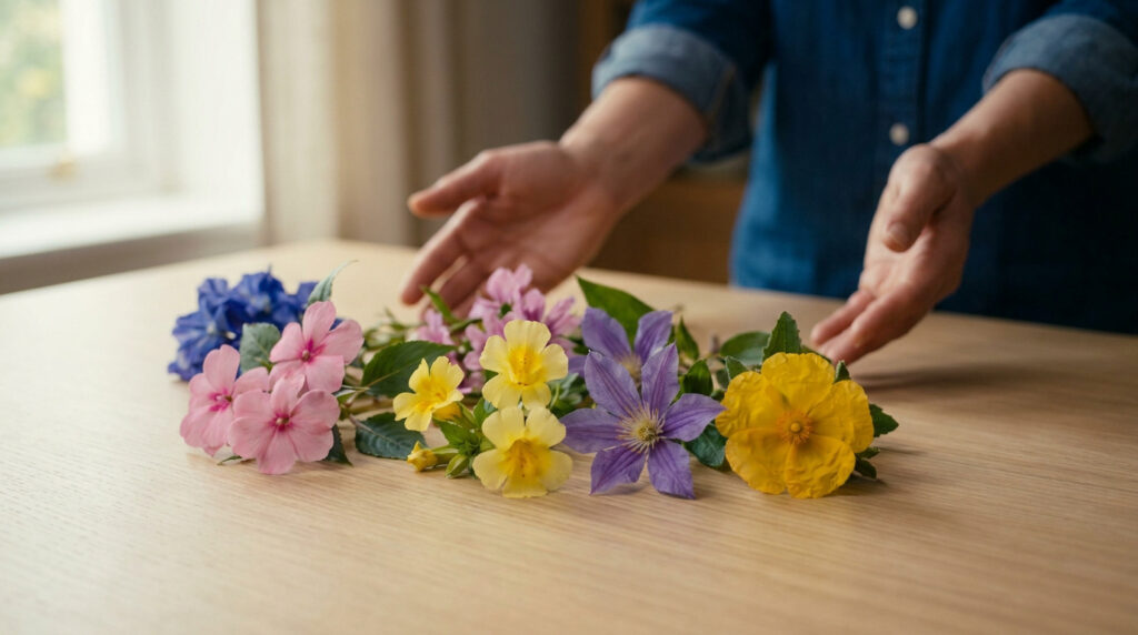 Mains au-dessus d'une table présentant diverses fleurs colorées destinées à la préparation d'élixirs floraux.