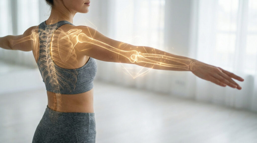 Une femme en tenue de sport avec une superposition numérique dorée montrant son squelette et ses articulations.