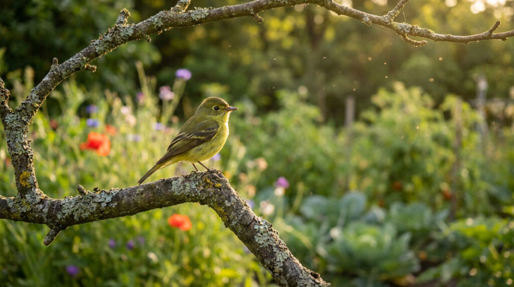 Un petit gobe-mouches au plumage jaune-vert posé sur une branche moussue dans un jardin ensoleillé.