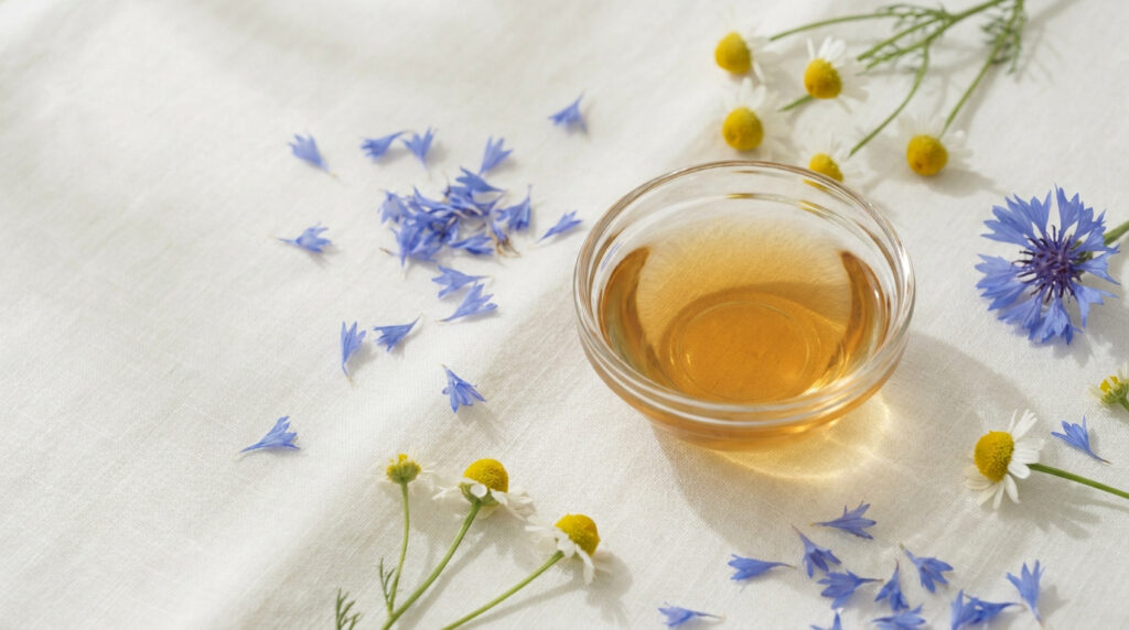 Un bol d'infusion dorée entouré de fleurs de bleuet bleues et de camomille sur un tissu blanc.