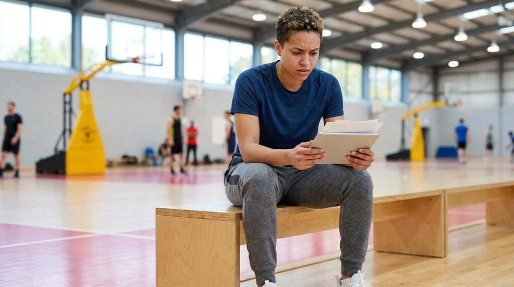 Une personne assise sur un banc de gymnase, l'air préoccupé, examine des documents et une tablette après un accident.
