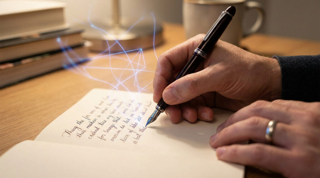 Une main utilisant un stylo plume pour écrire sur un carnet avec des effets lumineux numériques symbolisant l'analyse.