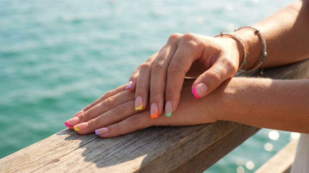 Mains de femme avec une french manucure multicolore posées sur une rambarde en bois face à la mer.