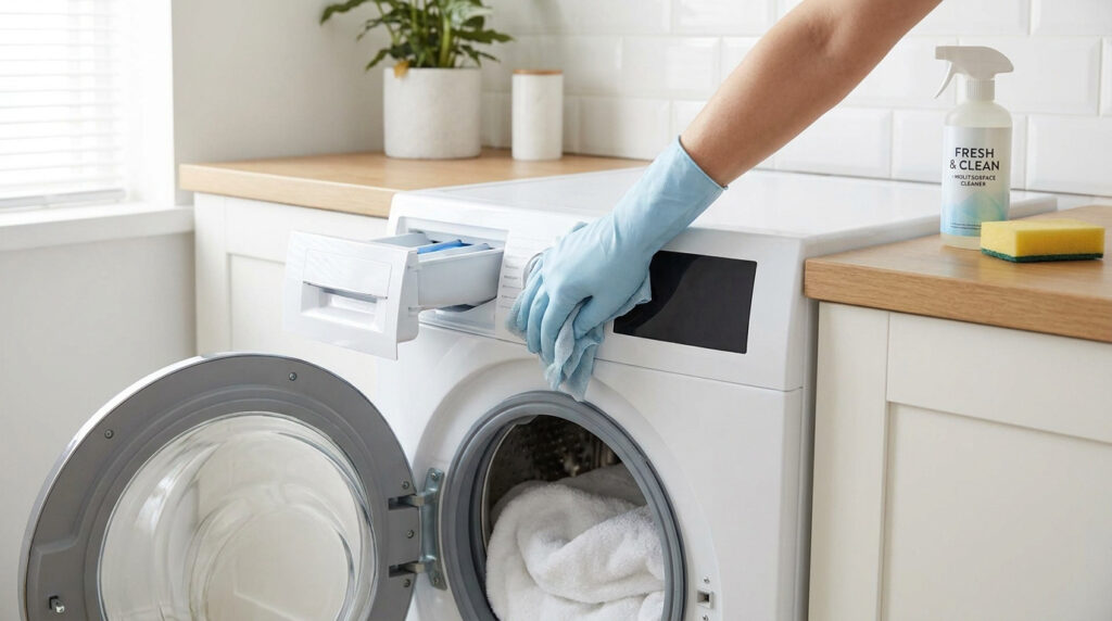 Une personne portant un gant bleu nettoie le panneau de contrôle d'une machine à laver blanche avec un chiffon.