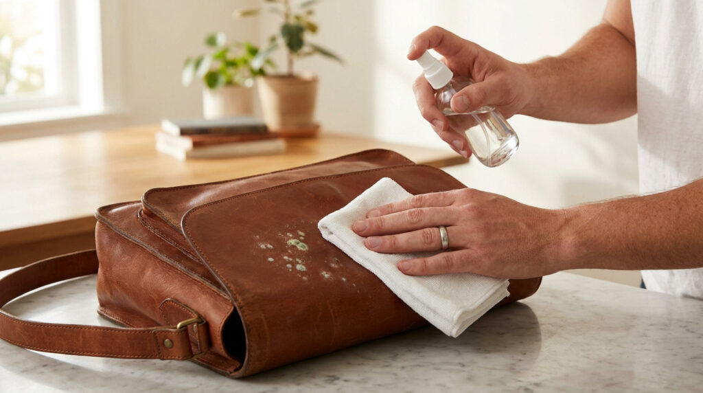 Une personne nettoie des taches de moisissure sur un sac en cuir marron avec un vaporisateur et un chiffon blanc.
