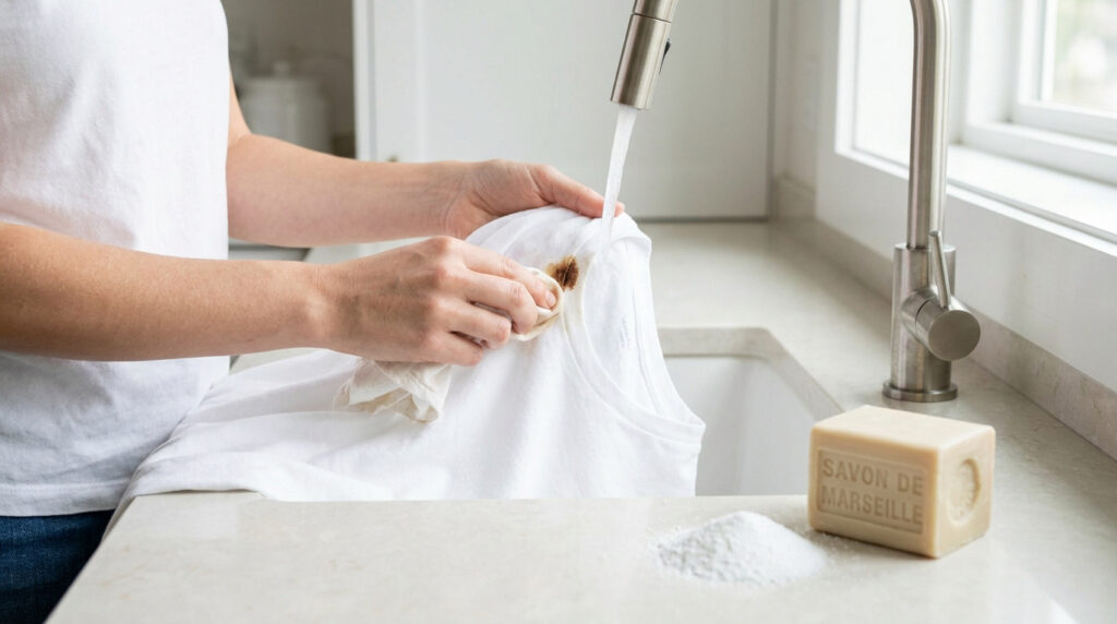 Une personne nettoie une tache sur un t-shirt blanc sous l'eau du robinet avec du savon de Marseille.