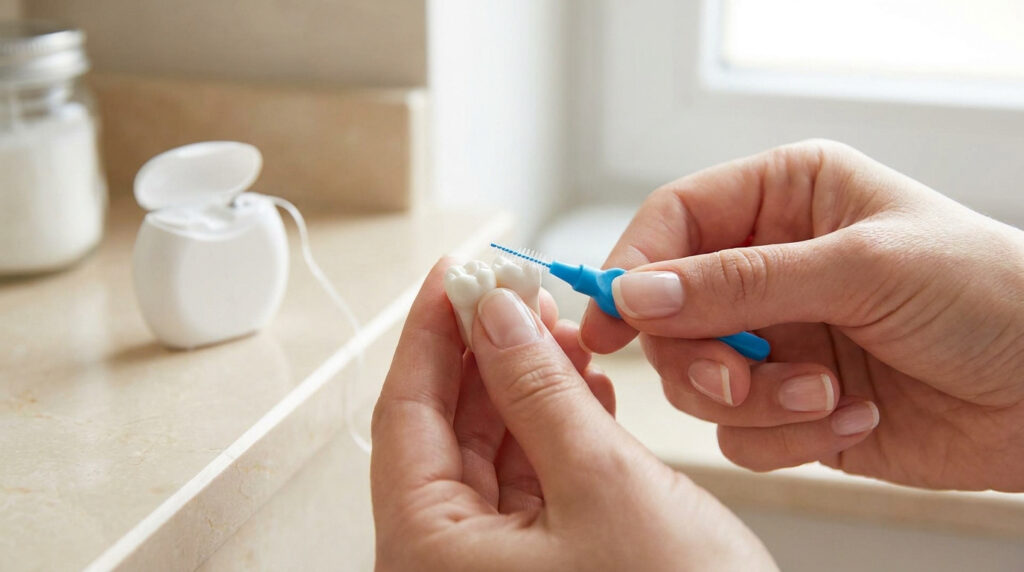 Gros plan sur des mains utilisant une brossette interdentaire pour nettoyer un modèle de dents en plastique.