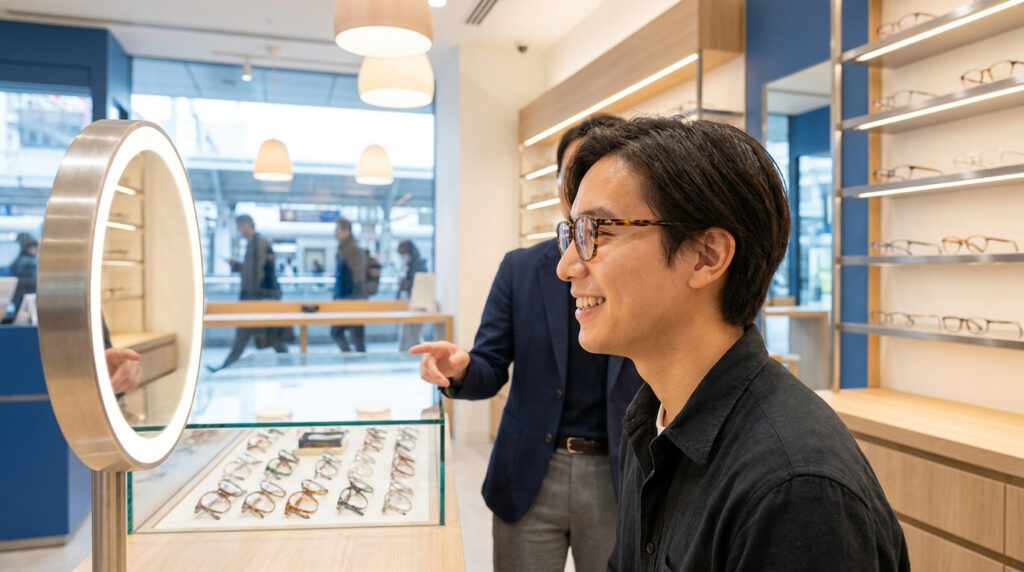 Un jeune homme essayant des lunettes avec l'aide d'un opticien dans un magasin moderne.