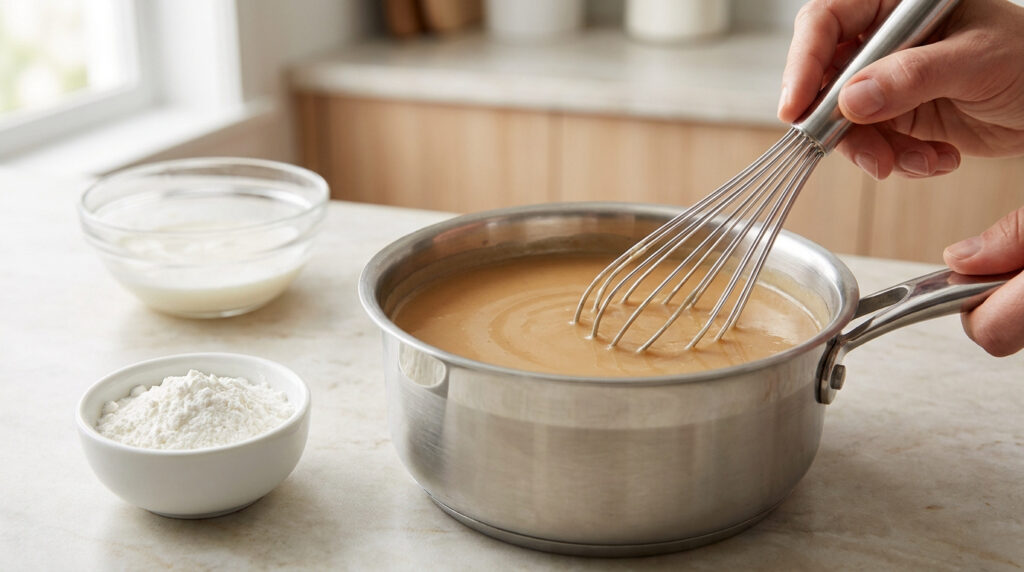 Une main utilise un fouet en inox pour mélanger une sauce onctueuse dans une casserole sur un plan de travail de cuisine.