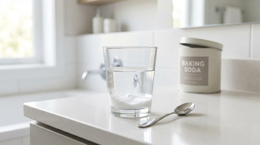 Un verre d'eau avec du bicarbonate de soude et une cuillère sur un comptoir de salle de bain blanc.