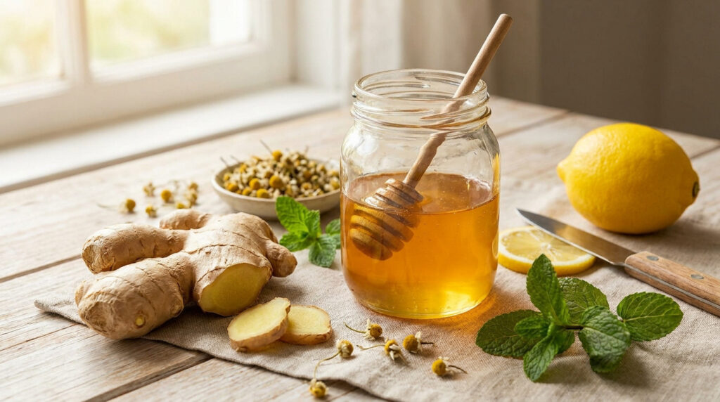 Un bocal de miel avec une cuillère, du gingembre frais, du citron, de la menthe et de la camomille sur une table en bois.