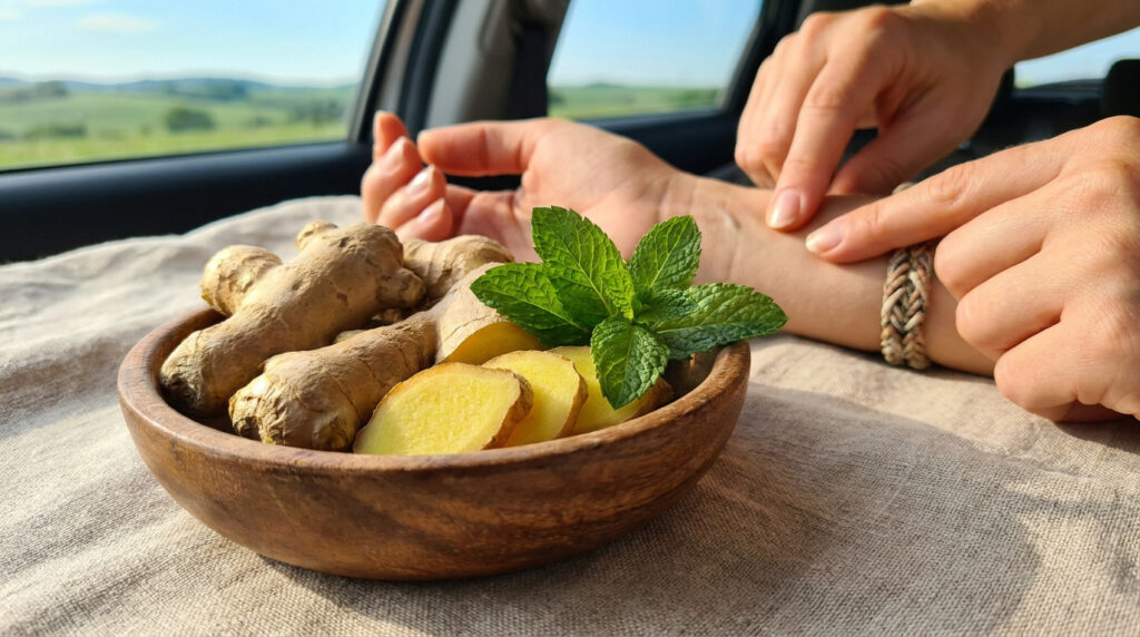 Bol en bois avec du gingembre frais et de la menthe, une personne masse son poignet pour calmer la nausée en voiture.