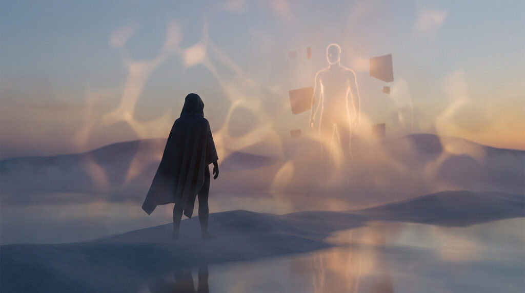 Une silhouette en cape fait face à une figure éthérée et lumineuse dans un paysage onirique et brumeux.