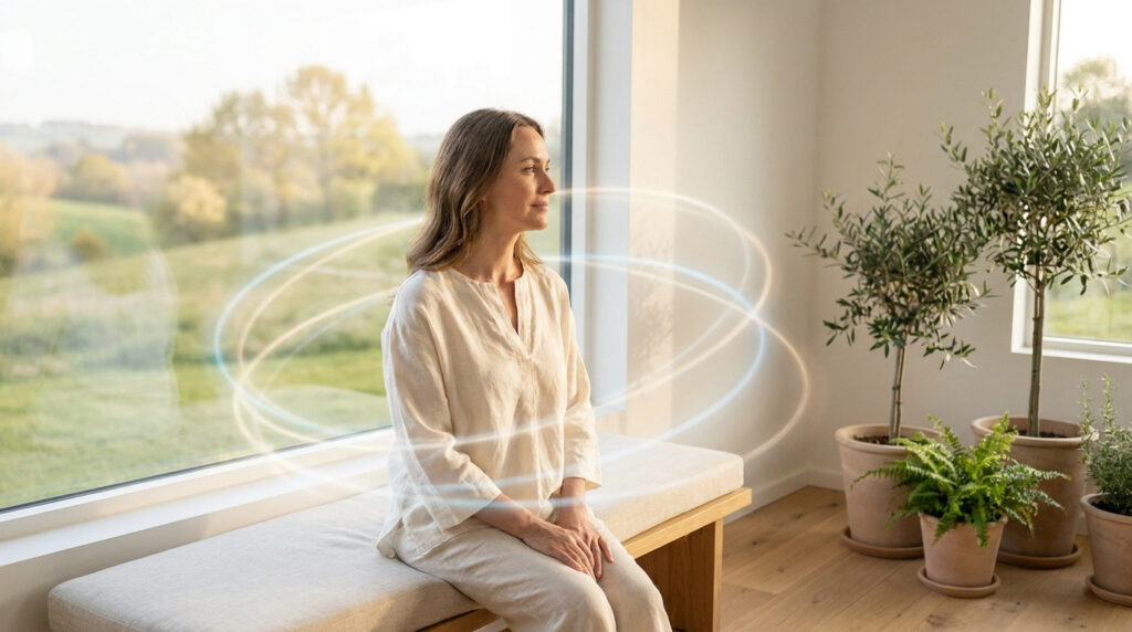 Femme sereine assise près d'une fenêtre avec des cercles lumineux autour d'elle évoquant le bien-être.