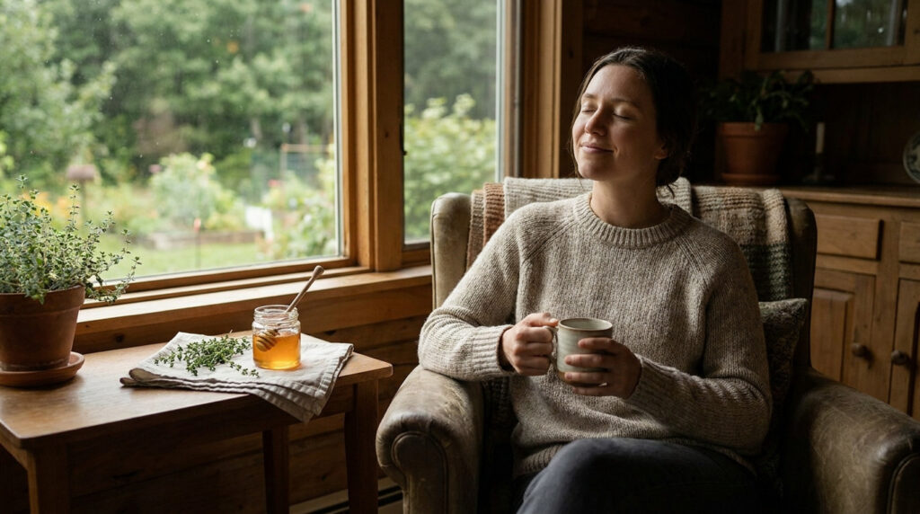 Une femme détendue avec une tisane à côté d'un pot de miel et de thym près d'une fenêtre.