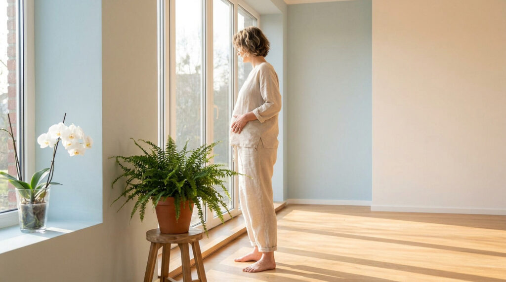 Une femme enceinte regarde par la fenêtre dans un intérieur lumineux et paisible.
