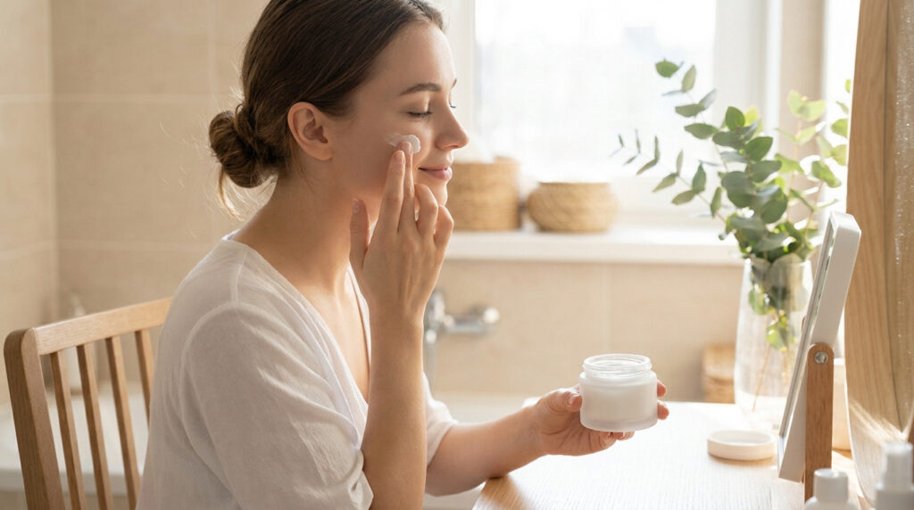 Jeune femme appliquant délicatement une crème hydratante sur sa joue devant un miroir.