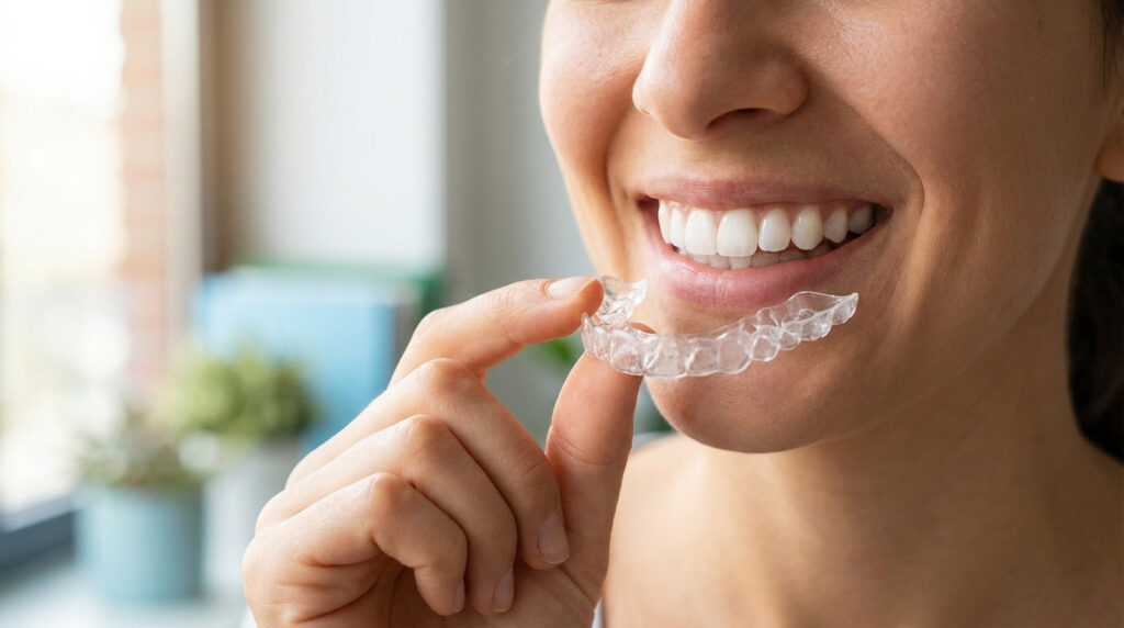 Une femme souriante tenant une gouttière dentaire transparente entre ses doigts.