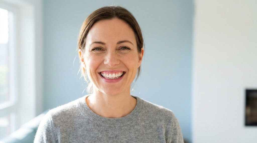 Une femme souriante regardant l'objectif, mettant en valeur des dents saines et blanches.