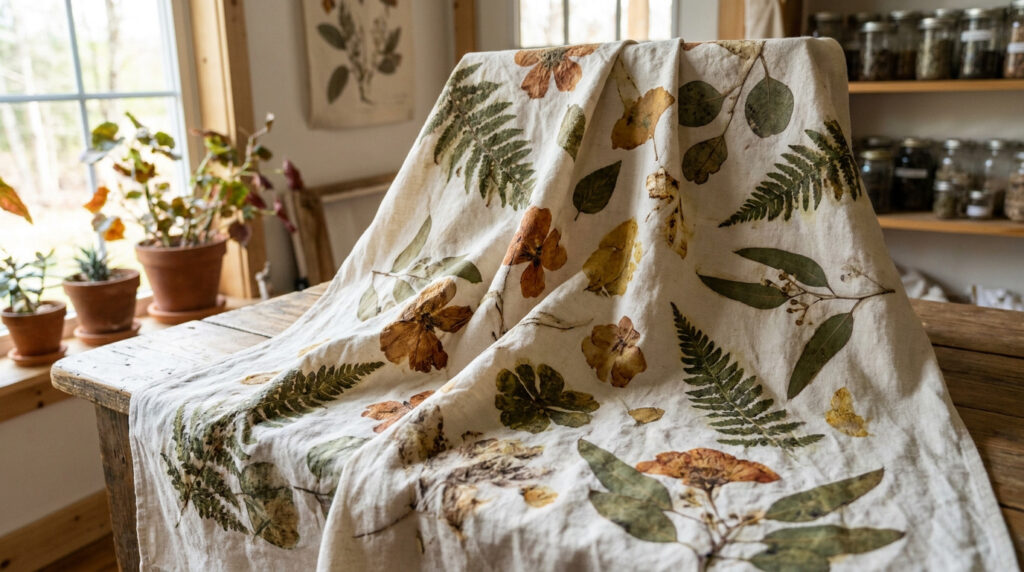Un tissu en lin naturel avec des empreintes végétales de feuilles et fleurs, posé sur une table en bois dans un atelier.