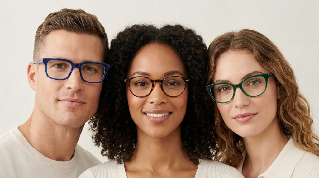 Trois personnes souriantes portant des lunettes de formes et de couleurs différentes sur un fond blanc neutre.
